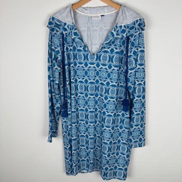 Cabana Life Blue Geometric Tile Hooded Swim Cover Up Dress Womens L Tassel - Picture 9 of 11